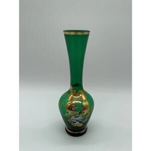 Vntg Emerald Green Hand Painted Enamel Bohemian Czech Bud Vase 8"